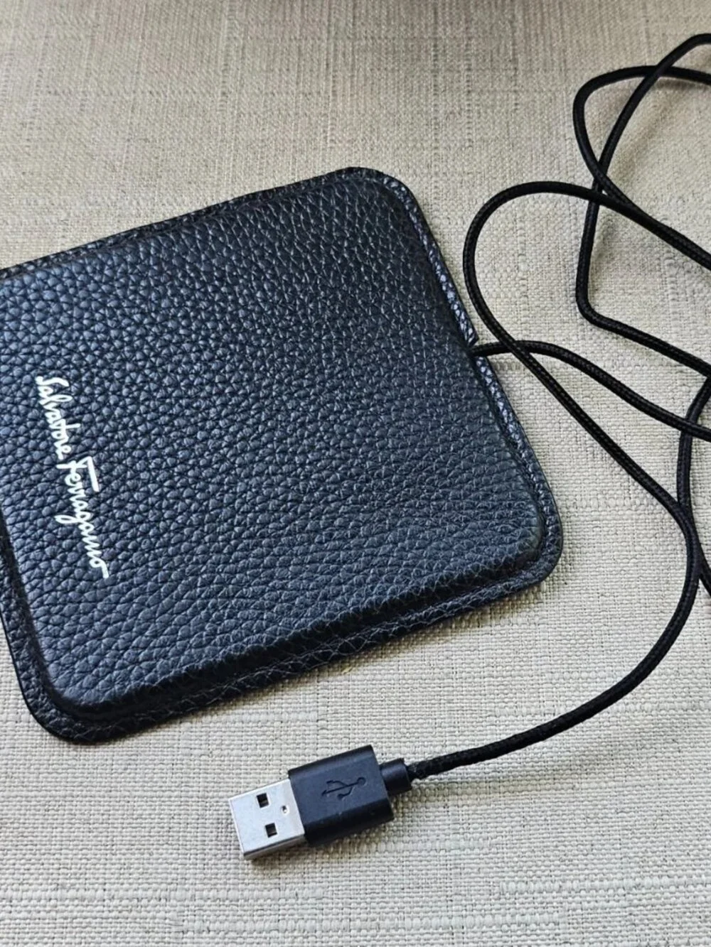 Salvatore Ferragamo Wireless USB Charging Pad Black Leather Pad Made in Italy